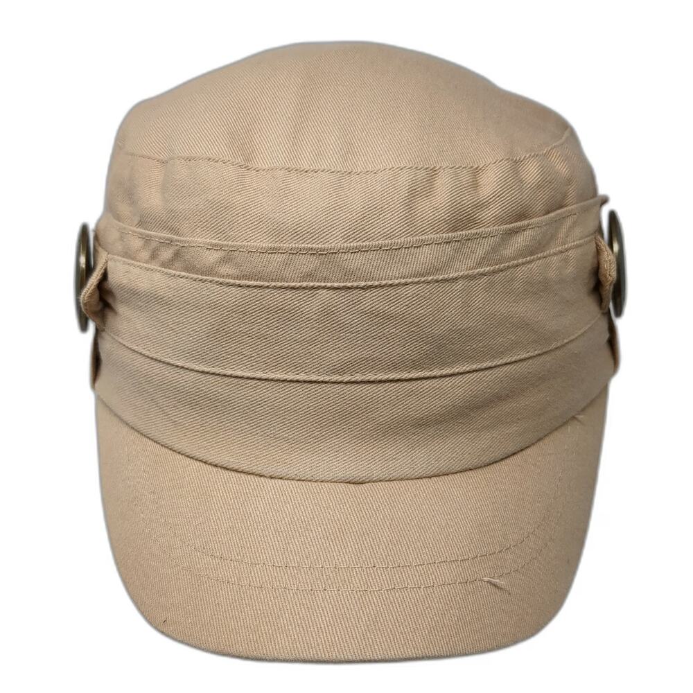 D&Y Army Cap Beige One Size Cotton Side Buttons Plaid Lining Cadet Military Hat